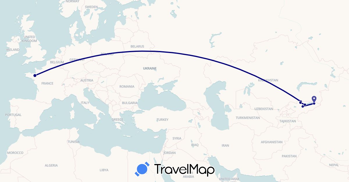 TravelMap itinerary: driving in France, Kyrgyzstan, Russia (Asia, Europe)